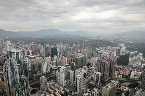 China Shenzhen city downtown financial center cityscape aerial view