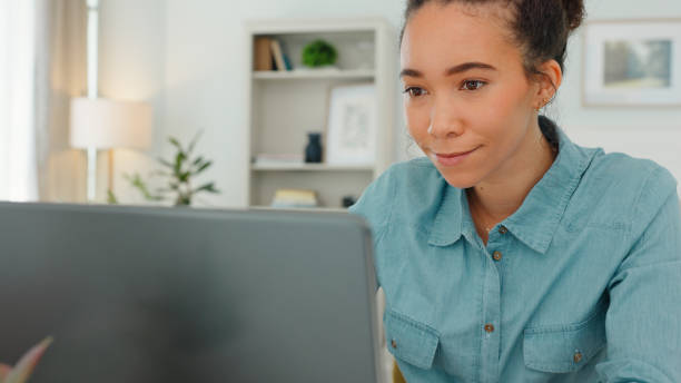 istock Remote work from home, thinking or woman with a laptop, solution or connection with copywriting, idea or research. Person, freelancer or entrepreneur with a pc, network or typing with problem solving 1796927008