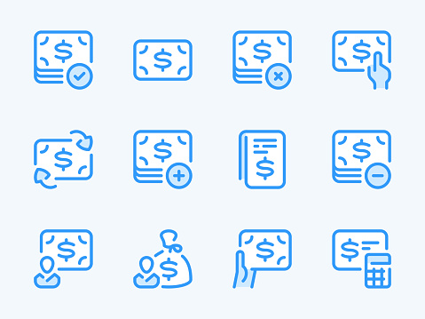 Money, Dollar and Finance vector line icons. Cash and Payment outline icon set. Exchange, Cost calculation, Personal expenses, Savings, Financial report and more.