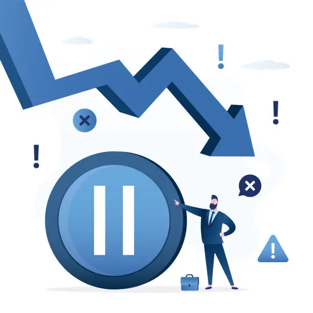 Vector illustration of Temporary suspension of business activity due to economic recession or financial crisis, troubles with business, entrepreneur decision concept. Unhappy businessman owner press big pause button.