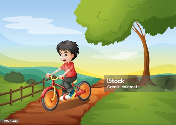Menino Feliz Andar De Bicicleta De - Arte vetorial de stock e mais imagens de Ao Ar Livre - Ao Ar Livre, Bicicleta, Castanho