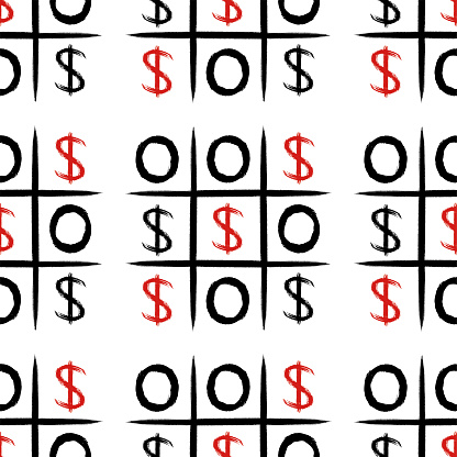 Tic-tac-toe game with dollar signs. Seamless pattern, funny hand drawn texture for print. Doodle decoration design. Risk management, successful and profitable business project. Vector illustration