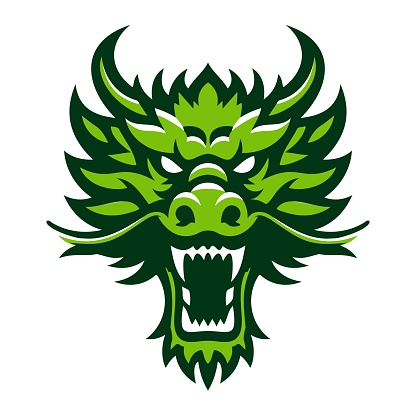 Green dragon head front view logo. Simple shaped dragon stamp. Dragon with opened mouth and fangs. Asian culture symbol of a new 2024 year. Fantasy magic reptile predator. Dragon head for your design.