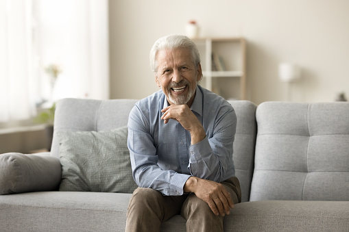 Happy old senior grey haired man speaking on video call from home couch, sitting on sofa, looking at camera, touching chin, smiling, laughing. Retired former professional, online teacher portrait