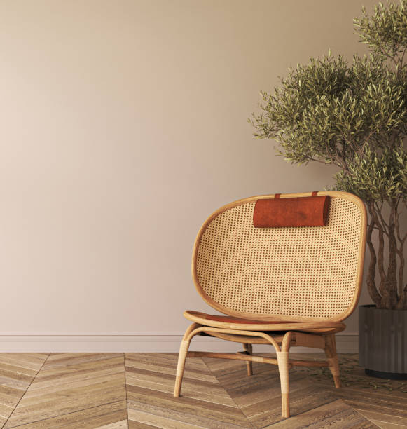 istock Japandi boho beige interior with armchair and plant tree background. Light modern australian livingroom. 3d rendering illustration mockup. High quality 3d illustration 1796994321