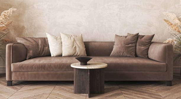 istock Japandi boho beige interior with sofa and dry plant background. Light modern australian livingroom. Horizontal banner panoramic background. 3d rendering mockup. High quality 3d illustration 1796994416