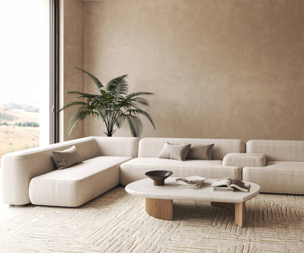 istock Boho beige livingroom with palm plants and decor - carpet background. Light modern japanese nature view. 3d rendering. High quality 3d illustration 1796995941
