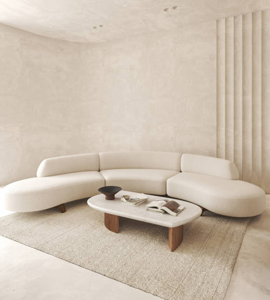 istock Boho beige livingroom with palm plants and decor - carpet background. Light modern japanese nature view. 3d rendering. High quality 3d illustration 1796996456