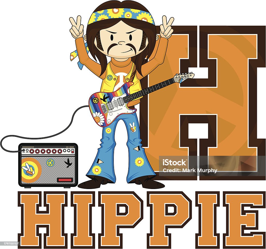 Hippie con chitarra apprendimento Lettera H - arte vettoriale royalty-free di 1960-1969