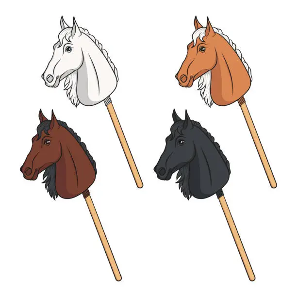 Vector illustration of Set of color illustrations with hobby horse toy on stick. Isolated vector objects.