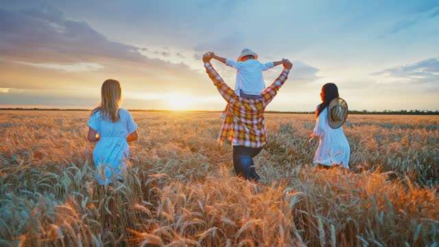 family is resting in nature in sunset or sunrise time, parents and children are running on golden field to bright sun, rear view, peaceful and happy life, mother, father, little son and teen daughter