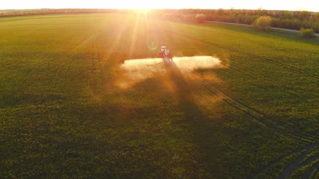 tractor with sprinkler machine is irrigating farmland in summer morning, aerial view above picturesque sown agricultural field in sunrise or sunset, modern irrigation system in farm fields