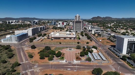 An aerial view of a bustling metropolis, showcasing the impressive skyline of Central Business District (CBD) in Gaborone, Botswana, Africa