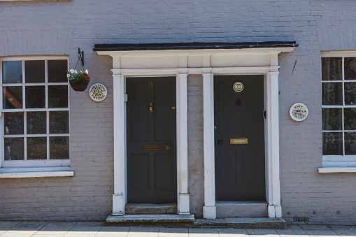 Rye, England - June 13, 2023:  Typical Victorian architecture door.