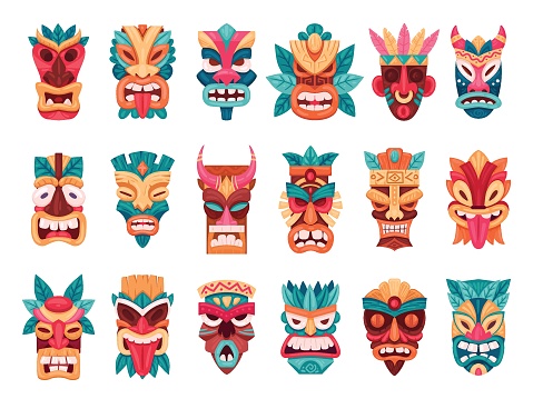 Cartoon tribal masks. Ritual african and hawaiian wooden ceremonial masks, ethnic tiki totems flat vector illustration set. Ceremonial aztec or african idols
