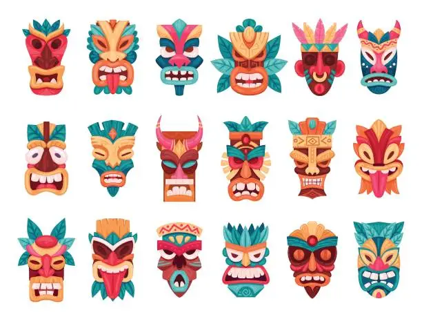 Vector illustration of Cartoon tribal masks. Ritual african and hawaiian wooden ceremonial masks, ethnic tiki totems flat vector illustration set. Ceremonial aztec or african idols