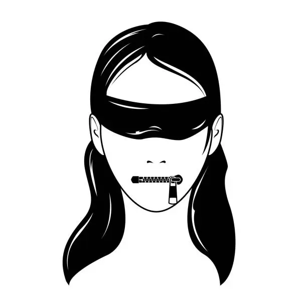 Vector illustration of Face of woman with blindfold and closed zip fastener instead of lips, censorship and secret, keep silence, vector