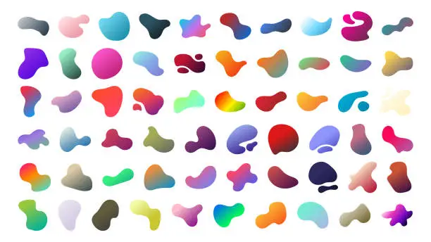 Vector illustration of Set of gradient blob liquid elements. Fluid blob gradient elements. Liquid shapes, round abstract elements. Blotch shapes in neon colors. Simple water forms. Vector illustration. Big set shapes.