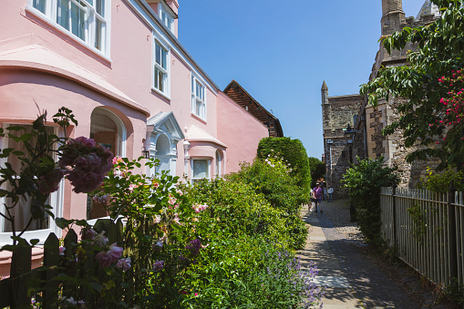 Rye, England - June 13, 2023: High St, Rye, Sussex, England. Tourists walk on the street.