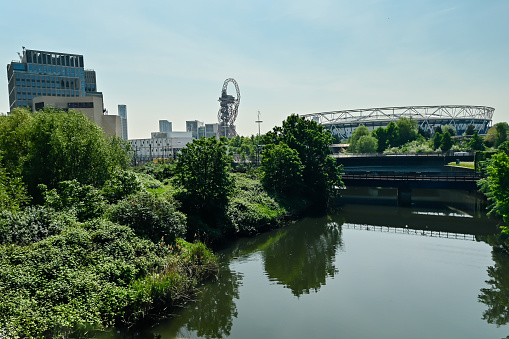 London, UK, 15 May 2023: North parklands looking towards Here East, Queen Elizabeth Olympic Park