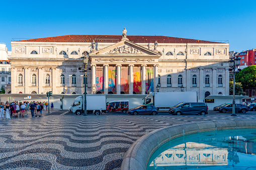 Lisbon, Portugal - Sep 30, 2023: View of the famous landmark - Teatro Nacional Dona Maria II e Praça do Rossio, Lisboa, Portugal.