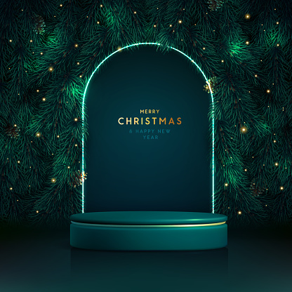 Holiday Christmas showcase green sparkle background with 3d podium and emerald Christmas tree texture. Abstract minimal scene. Vector illustration