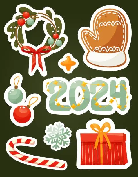 Vector illustration of New Year stickers. Winter holiday symbols, New Year decorations. Collection of stickers with a holiday wreath, gingerbread mitten, balls, star, red gift box, lollipop and the inscription 2024
