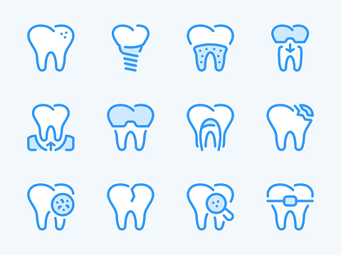 Tooth and Teeth care vector line icons. Dentistry, Dental problems and Stomatology outline icon set. Braces, Caries, Implant, Cracked Tooth and more.