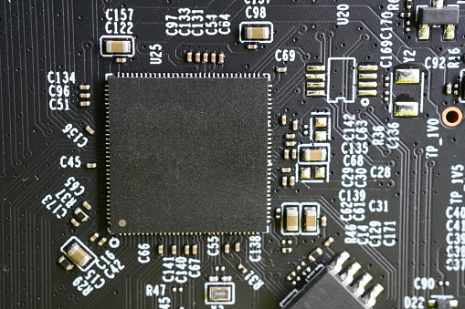 Close-up of components and microchips on circuit board