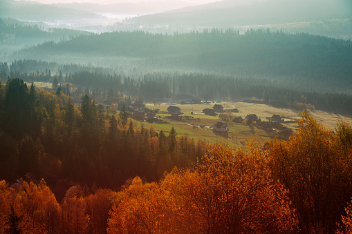 Autumn morning fog in the mountains. Autumn panorama of the Polish Beskid Mountains. Autumn landscapes in Poland. Travel photography.