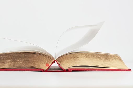 Open book with golden pages on a white background. Shallow depth of field
