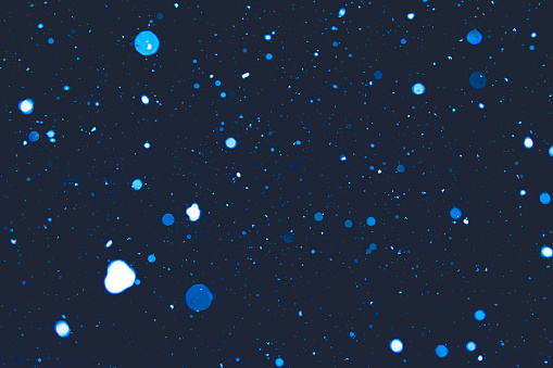 Abstract photo of blue-tinted snowflakes falling at night, circles of varying sizes and colors stretching into the distance like a wintry field of stars.