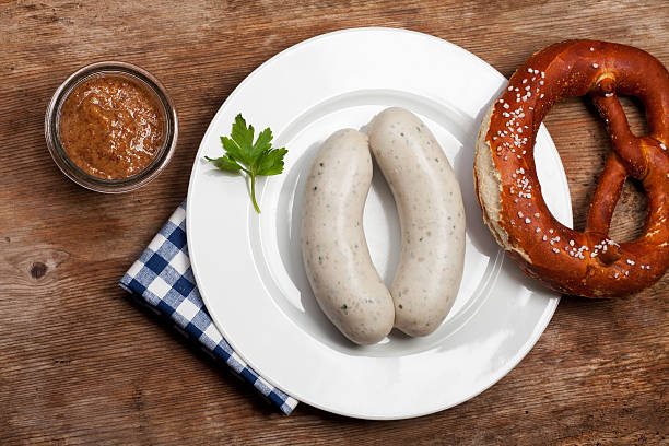 sausages pair of bavarian white sausages weisswurst photos stock pictures, royalty-free photos & images