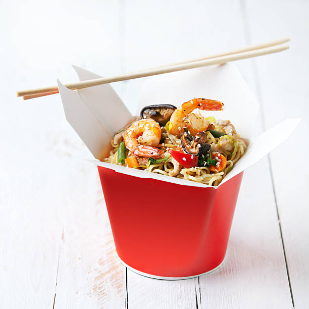 Noodles with mushrooms, shrimp and pork