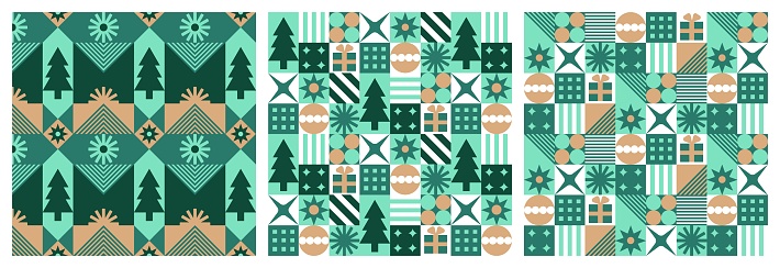 Seamless pattern with geometric Christmas motifs. Repeatable pattern tile design for winter holidays in neo geo style. For wrapping paper, wallpaper, textile,  background.Vector