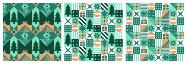 Vector illustration of Set  Seamless patterns with geometric Christmas motifs