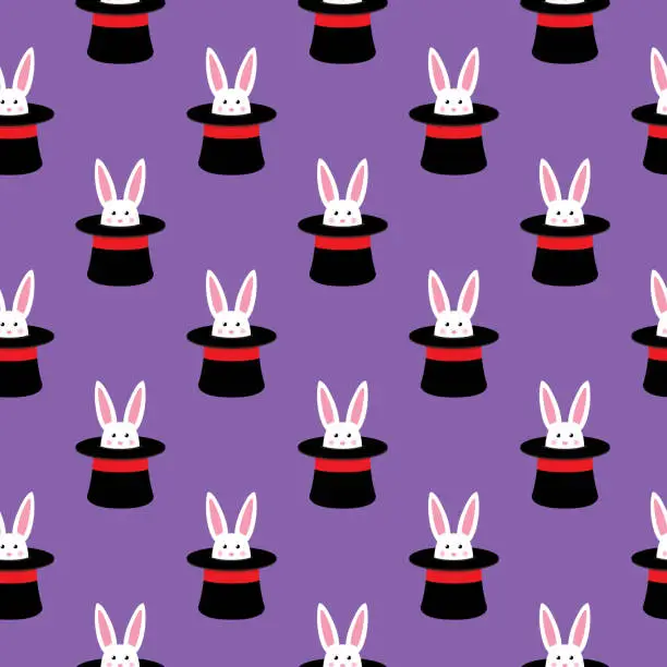 Vector illustration of White Rabbit Magic Hat Seamless Pattern