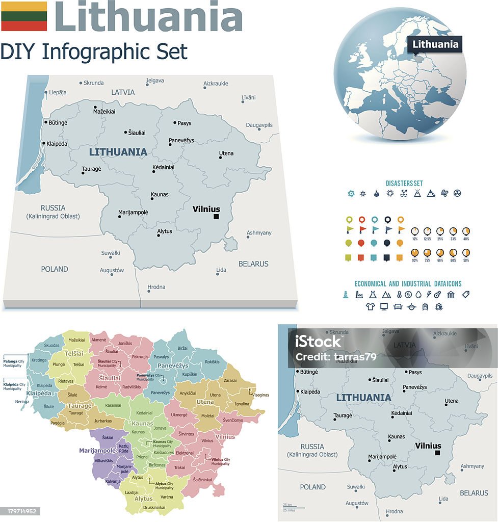 Lituania mappe con marcatori - arte vettoriale royalty-free di Bandiera