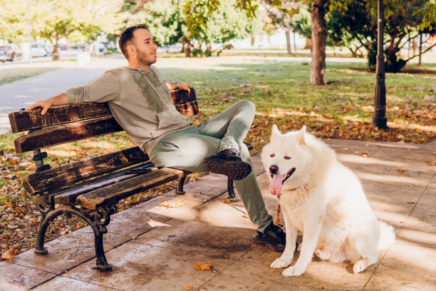 Man enjoy with dog in park.