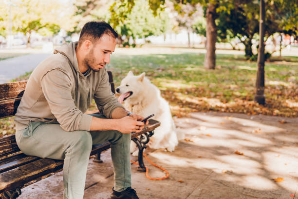 istock Man using phone and enjoying with dog in park 1797159410