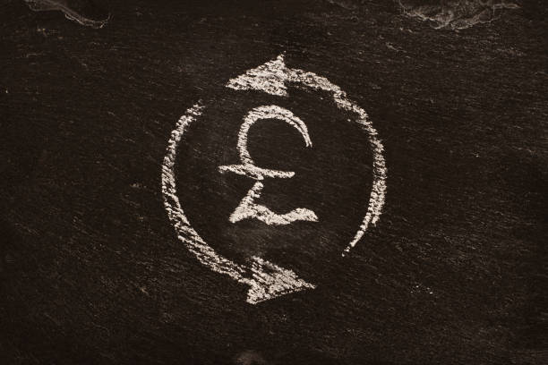 Icon, currency exchange symbol, pound with arrows, chalk drawing on blackboard. Иконка , символ обмена валют , фунта со стрелками, рисунок мелом на доске. Крупным планом. irish punt note stock pictures, royalty-free photos & images