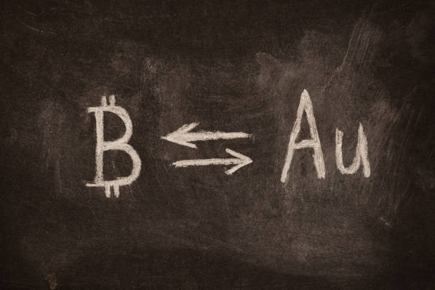 istock Concept of bitcoin value in relation to gold chalk drawing. 1797176712