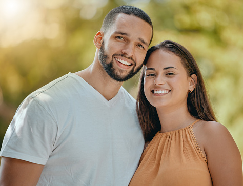 Portrait, happy and couple in nature to relax on a honeymoon vacation, holiday or weekend in Brazil, Sao Paulo. Smile, partners and healthy woman enjoying quality time, bonding and marriage with man