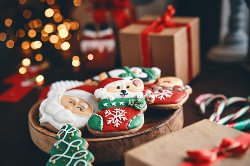 Decorated Gingerbread Christmas Cookies in Christmas Home Atmosphere