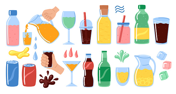 Soda bottled drinks set. Soft drink cans and bottles, fizzy canned drinks, soda and juice beverages in plastic, glass and tin. Drops, ice cubes and splash. Vector illustration
