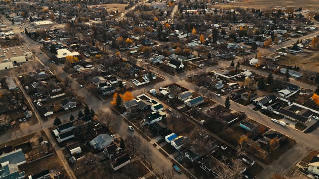 Aerial views of the streets of Assiniboia Canalta in Saskatchewan, Canada, a rural town