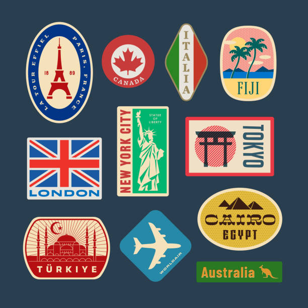 Retro World Travel Stickers Retro World Travel Stickers London Memorabilia stock illustrations