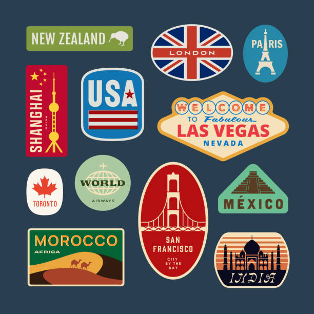 Retro World Travel Stickers Retro World Travel Stickers travel sticker stock illustrations