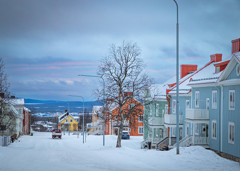 fairy tale in Kiruna, Sweden, colorful house, snow-covered street