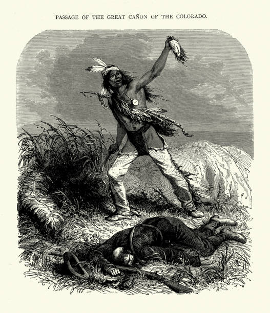 Vintage illustration Native American warrior taking a scalp after a battle, 19th Century.  Passage of the Great Canon of the Colorado by Major A R Calhoun